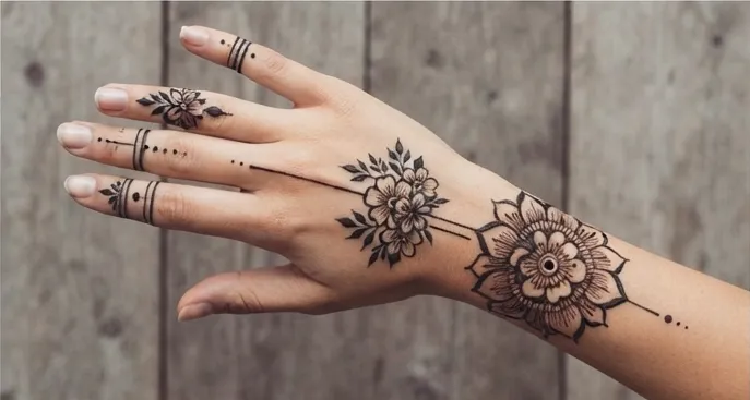 Bold floral and vine henna running from the wrist across the back of a hand, with narrow bands at each fingertip