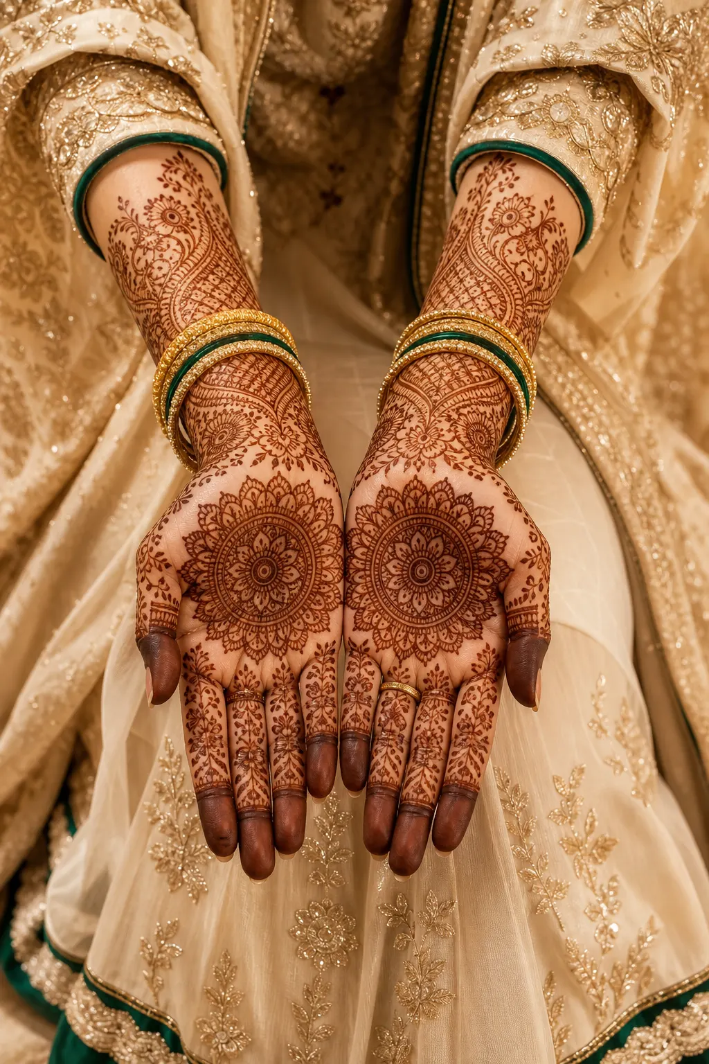 A bride's hands turned upward, both palms filled with matching henna mandalas and fine trailing detail running to the wrist