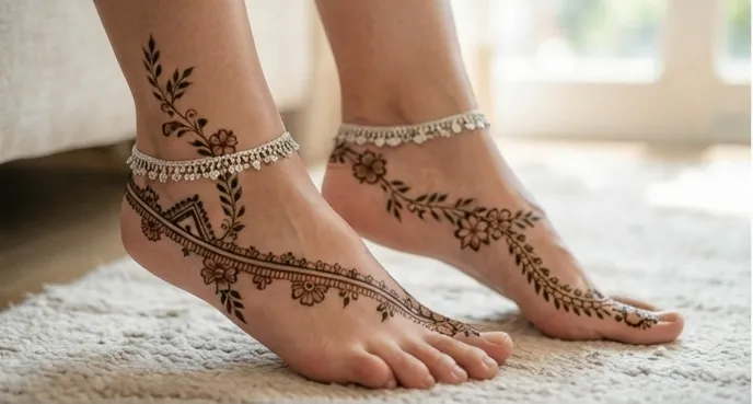 Henna on both feet — floral vines and blossoms trailing from the ankle over the top of each foot, worn with silver anklets