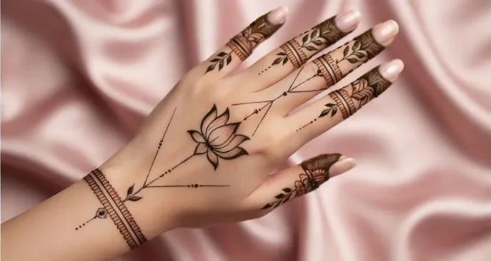 A minimal henna design on the back of a hand: a single lotus, fine dotted lines to the fingers, and a narrow band at the wrist