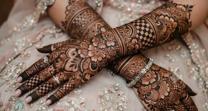Two forearms crossed, both covered in dense henna: large blossoms, chequered jaali panels and scalloped borders, resting on a beaded lehenga